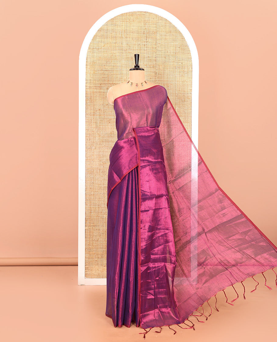 Borderless purple plain khadi tissue saree self pallu with tassels  and a matching blouse