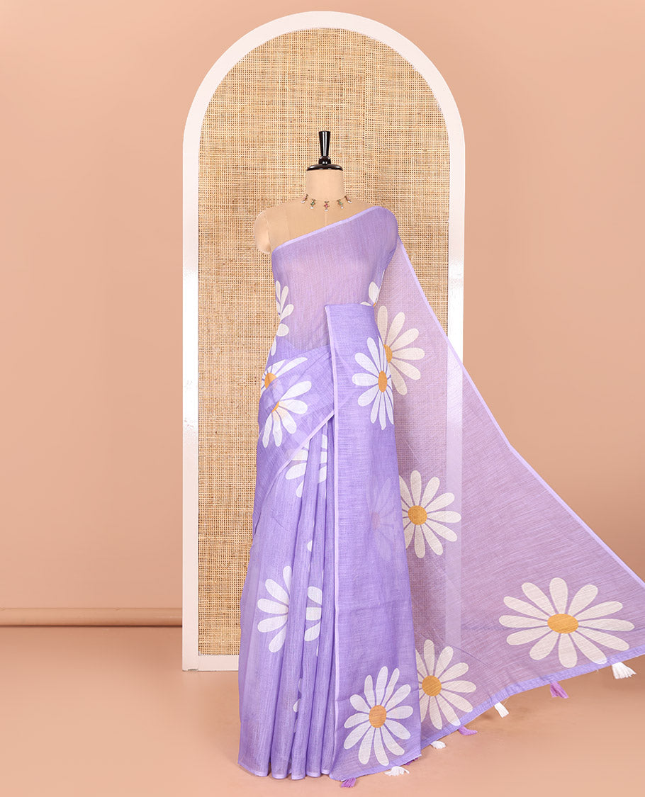 Borderless Lavender Linen Saree Beautified with Big Daisy Flower Motifs Printed All Over the Body and Pallu, Complemented by a Contrast Blouse Printed with Daisy Flower Motifs