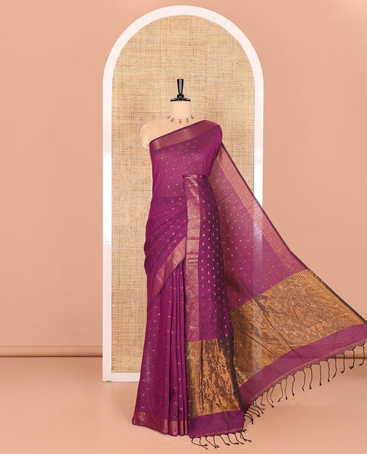 Violet Khadi Mul Cotton Saree Beautified with Plus-Shaped Zari Buttas Across Its Body, Featuring a Subtle Zari Border Adorned with Triangle Motifs, a Tissue Pallu, and Complemented by a Running Blouse