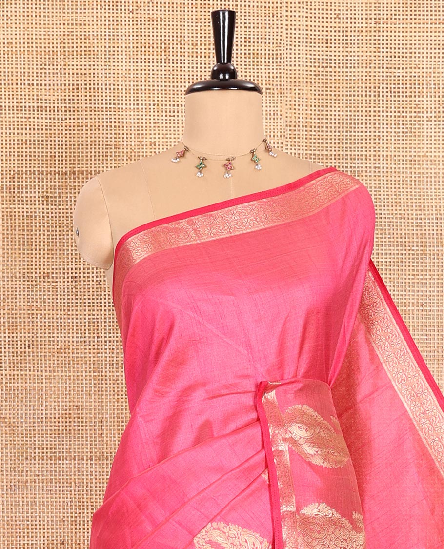 Rani Pink Plain Semi-Tussar Saree Artfully Detailed with a Self Border Featuring Floral and Paisley Zari Weave, Adorned with a Zari-Striped Pallu, Paired with a Matching Zari-Woven Blouse