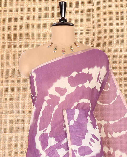 Borderless Purple Linen Cotton Saree Adorned with Shibori Prints, Complemented by Contrast Pallu Steeped with Floral Vine Print, and Paired with a Contrast Floral Printed Blouse