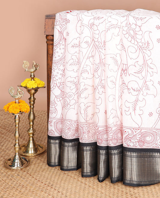 Cream kalamkari design dola silk saree with contrast zari border & kalakari design pallu along with contrast blouse