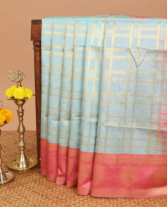 Rama blue check pattern soft silk saree with peacock design border & peacock design pallu along with peacock zari border blouse