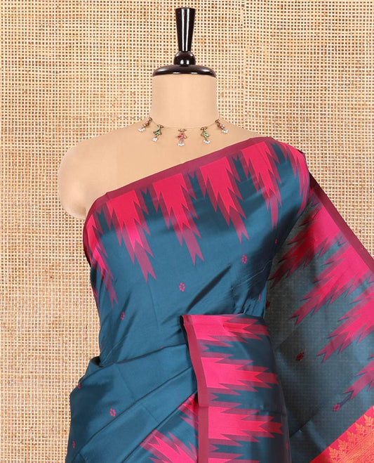 Blue Kanchi Silk Saree Adorned with Thread Buttas All Over Its Body, Complemented by a Contrast Temple Border, Grandly Woven Pallu of Intricate Design Weave, and Paired with a Contrast Blouse