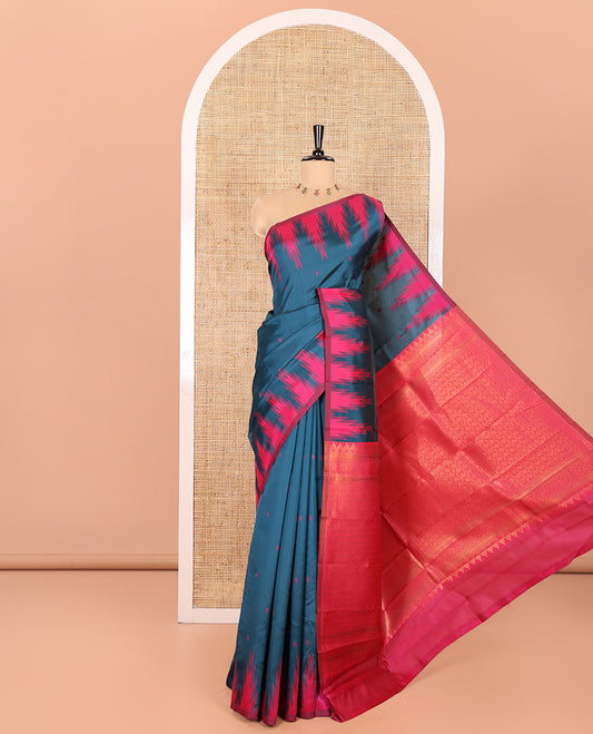 Blue Kanchi Silk Saree Adorned with Thread Buttas All Over Its Body, Complemented by a Contrast Temple Border, Grandly Woven Pallu of Intricate Design Weave, and Paired with a Contrast Blouse