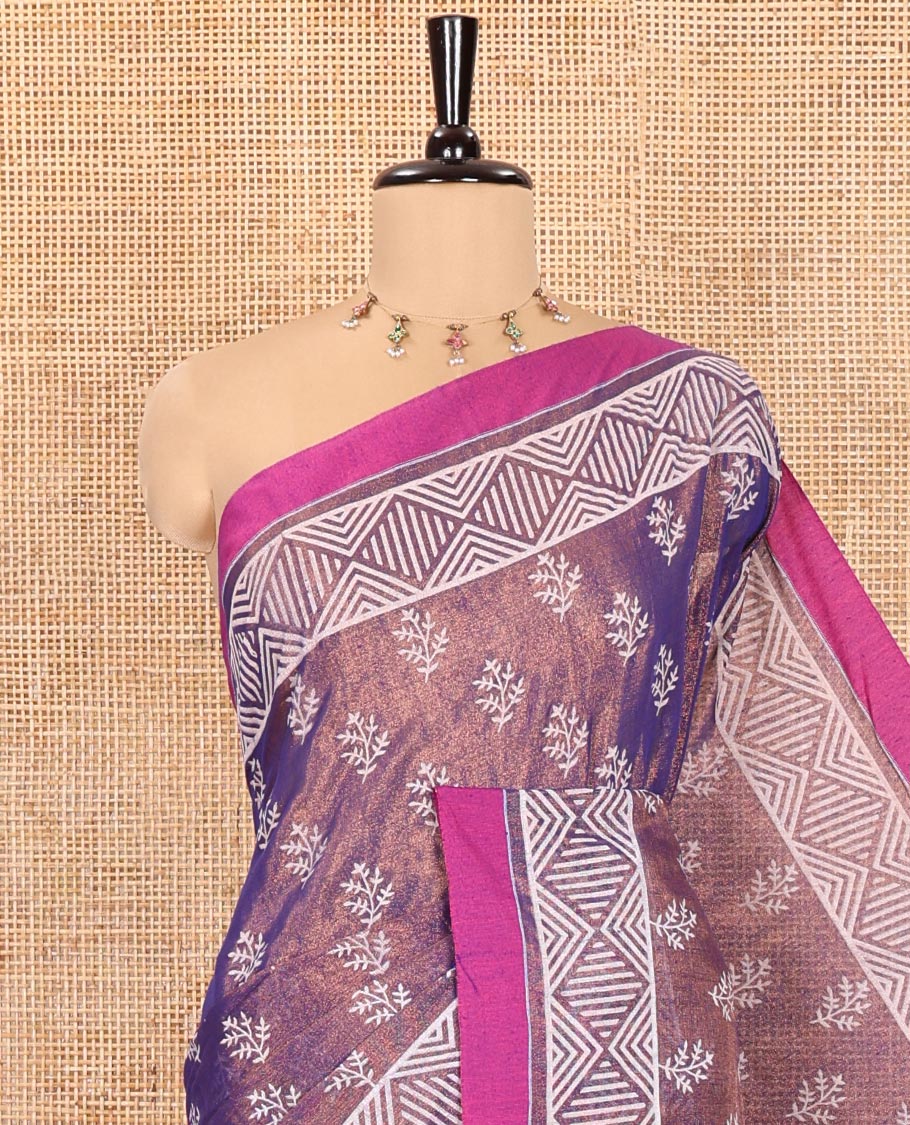 Royal Blue Khadi Tissue Saree, Adorned with Leaf Buttas All Over Its Body, Highlighted by Geometric Patterned Border, Pallu Depicts Geometric Prints, and Paired with a Matching Blouse