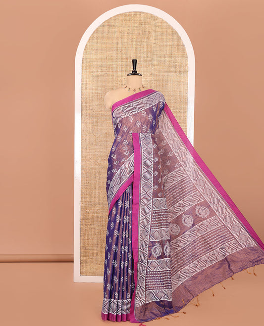 Royal Blue Khadi Tissue Saree, Adorned with Leaf Buttas All Over Its Body, Highlighted by Geometric Patterned Border, Pallu Depicts Geometric Prints, and Paired with a Matching Blouse