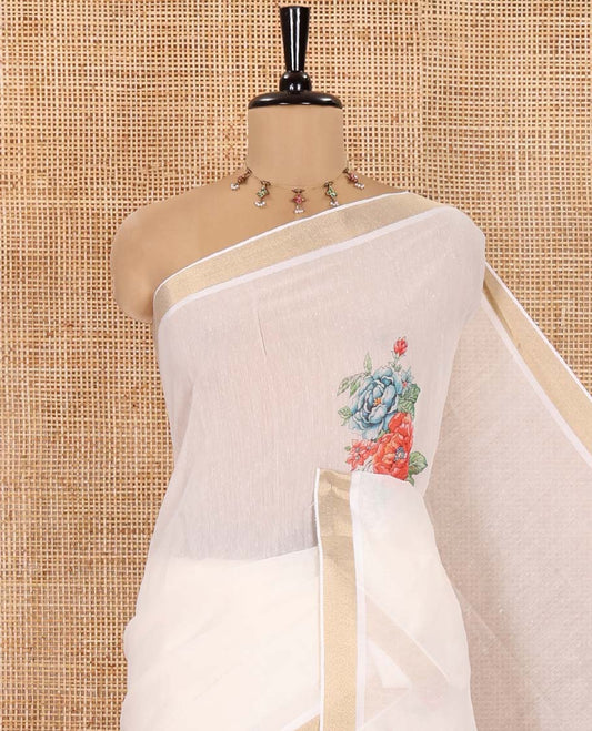 Cream Banaras Tissue Saree, Enthralled with Floral Motifs Printed on Its Body, Subtly Bavanji Border, Pallu Depicts Floral Prints, and Stripes, and Paired with a Matching Blouse