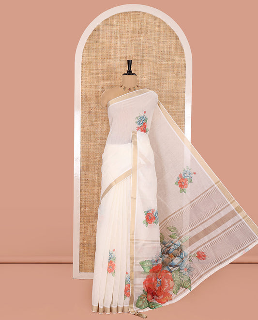 Cream Banaras Tissue Saree, Enthralled with Floral Motifs Printed on Its Body, Subtly Bavanji Border, Pallu Depicts Floral Prints, and Stripes, and Paired with a Matching Blouse