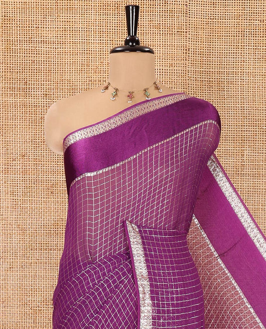 Scintillating Purple Viscose Georgette Saree Gleamed Up with Checked Design on Its Body, Highlighted by a Double-Pet Border, Zari Checked Design Pallu, and Paired with a Matching Blouse