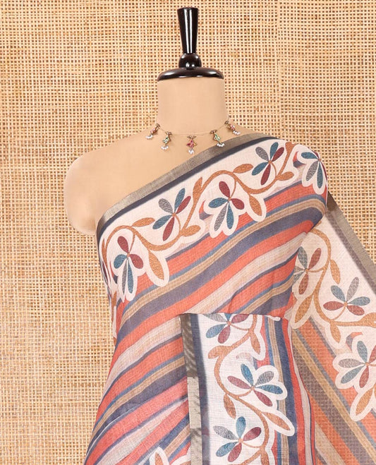 Brick Red Linen Cotton Saree, Featuring Stripes Print All Over Its Body, Complemented by a Contrast Floral Creeper Printed Border, Pallu Pictures Tree Motifs Print, and Paired with a Contrast Blouse