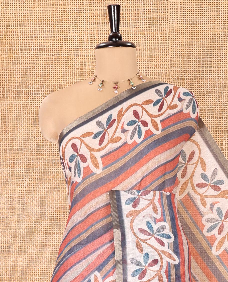 Brick Red Linen Cotton Saree, Featuring Stripes Print All Over Its Body, Complemented by a Contrast Floral Creeper Printed Border, Pallu Pictures Tree Motifs Print, and Paired with a Contrast Blouse