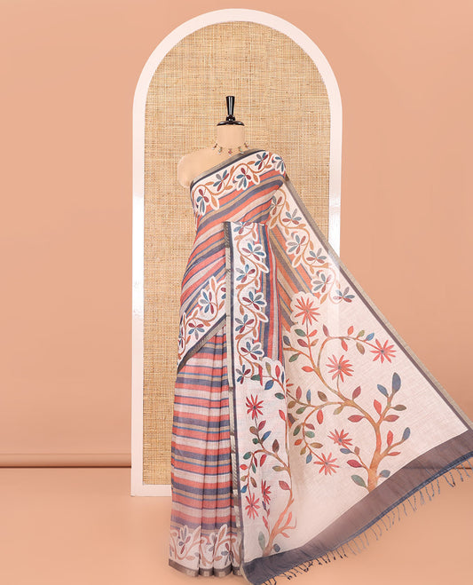 Brick Red Linen Cotton Saree, Featuring Stripes Print All Over Its Body, Complemented by a Contrast Floral Creeper Printed Border, Pallu Pictures Tree Motifs Print, and Paired with a Contrast Blouse