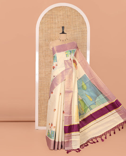 Gold Tissue Mul Cotton Saree, Artfully Detailed with Modern-Art-Style Motifs Printed on Its Body, Complemented by Contrast Border, Pallu Pictures Beautiful Modern Art, and Paired with a Matching Printed Blouse