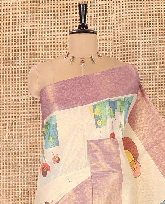 Gold Tissue Mul Cotton Saree, Artfully Detailed with Modern-Art-Style Motifs Printed on Its Body, Complemented by Contrast Border, Pallu Pictures Beautiful Modern Art, and Paired with a Matching Printed Blouse