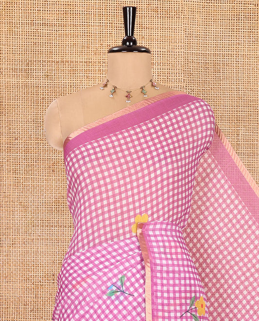 Pink Linen Cotton Saree, Beautiful Decked Up with Checks and Floral Motifs Printed All Over Its Body, Subtle Piping Border, Pallu Mirrors the Same Design, and Paired with a Printed Blouse