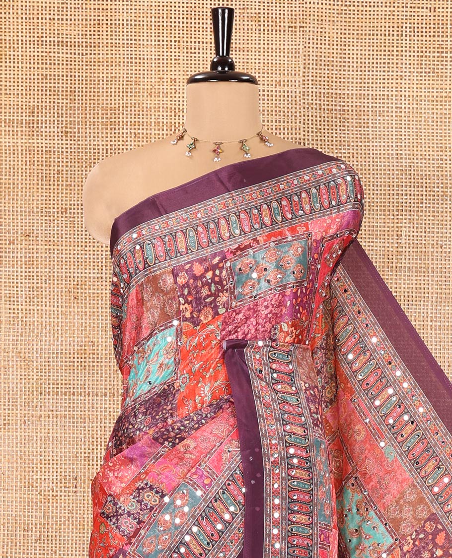 Purple Masakali Saree, Majestically Detailed with Kaleidoscopic-Colored Floral and Mughal-Themed Motifs Printed Mirror Work All Over Its Body, Printed Border, Intricately Printed Mirror Work Pallu, and Paired with a Matching Blouse
