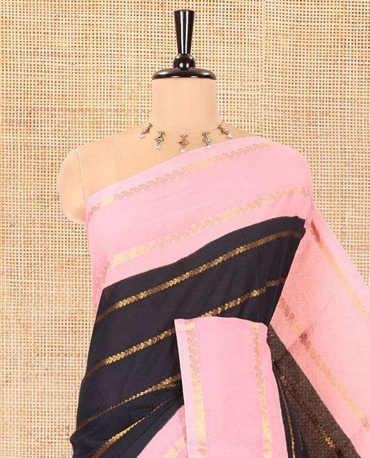 Black Sungudi Cotton Saree, Adorned with Leaf Vine Zari Stripes All Over Its Body, Complemented by a Contrast Leaf Vine Zari Striped Border, Zari Design Pallu, and Paired with a Contrast Blouse