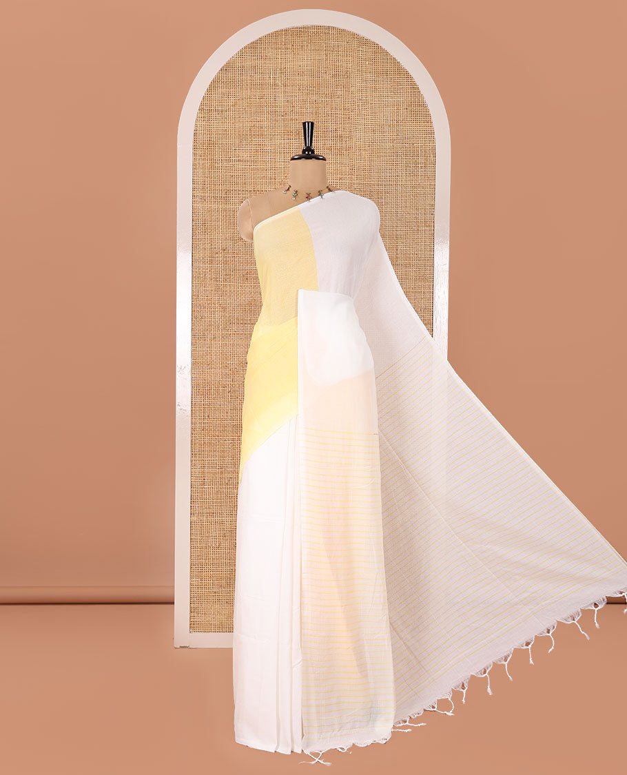 Borderless White and Pastel Yellow Plain Khadi Mul Cotton Saree, Self-Pallu Steeped with Stripes, and Paired with a Plain Blouse