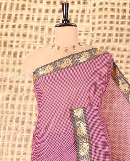 Pink Chettinad Cotton Saree, Adorned with Checked Design on Its Body, Complemented by a Contrast Paisley Border, Subtly Striped Pallu, and Paired with a Matching Blouse