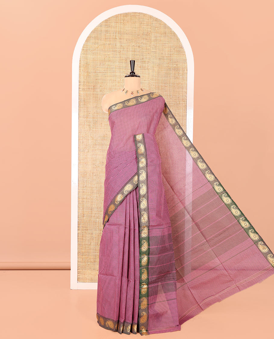 Pink Chettinad Cotton Saree, Adorned with Checked Design on Its Body, Complemented by a Contrast Paisley Border, Subtly Striped Pallu, and Paired with a Matching Blouse