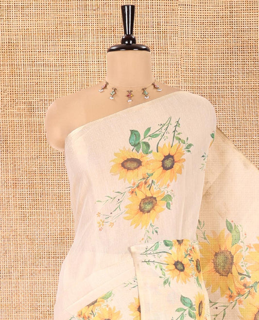Cream Plain Tissue Saree, Elevated with Sunflower Motifs Printed Border, Pallu of Sunflower Print, and Paired with a Printed Blouse