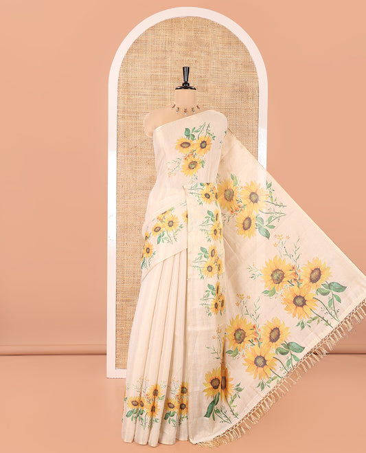 Cream Plain Tissue Saree, Elevated with Sunflower Motifs Printed Border, Pallu of Sunflower Print, and Paired with a Printed Blouse
