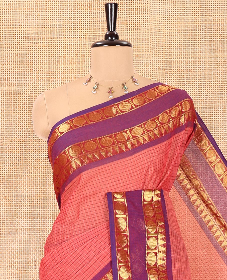Pink Chettinad Cotton Saree, Accentuated with Micro-Checks on Its Body, Complemented by a Contrast Temple Traditional Zari Design Rettai Pettu Border, Subtly Striped Pallu, and Paired with a Matching Blouse
