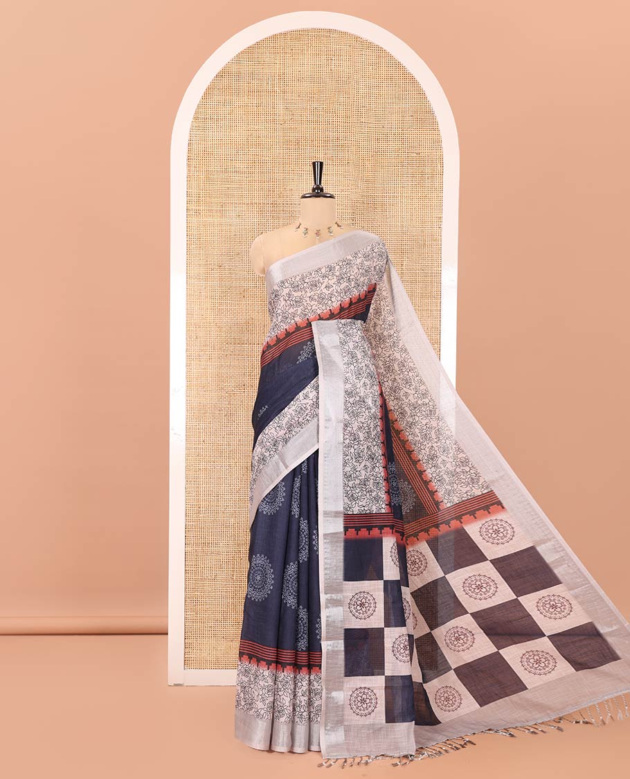 Blue Linen Cotton Saree, Beautified with Rangoli Motifs Printed On Its Body, Complemented by Contrast Floral Printed Border,  Pallu of Butta Enclosed Checks, and Paired with a Contrast Blouse