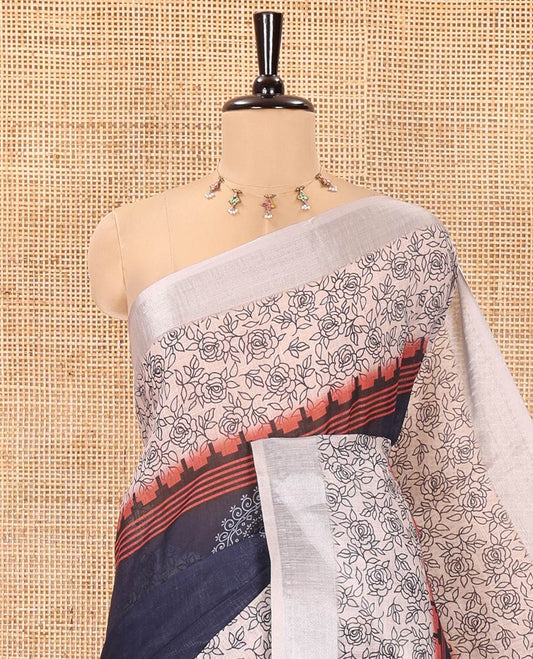 Blue Linen Cotton Saree, Beautified with Rangoli Motifs Printed On Its Body, Complemented by Contrast Floral Printed Border,  Pallu of Butta Enclosed Checks, and Paired with a Contrast Blouse