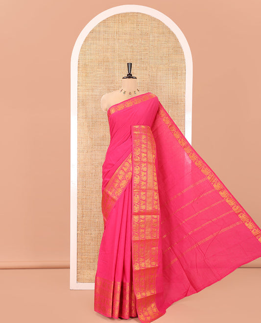 Rani Pink Plain Sungudi Cotton Saree, Highlighted by Traditional Zari Border of Peacock and Elephant Motifs Weave, Subtly Striped Pallu, and Paired with a Contrast Veldhari Design Blouse