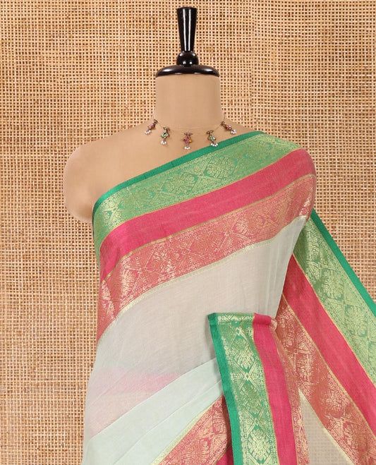 Green Plain Khadi Mul Cotton Saree, Complemented by a Contrast Rettai Pettu Traditional Diamond-Patterned Border, Plain Pallu, and Paired with a Matching Blouse