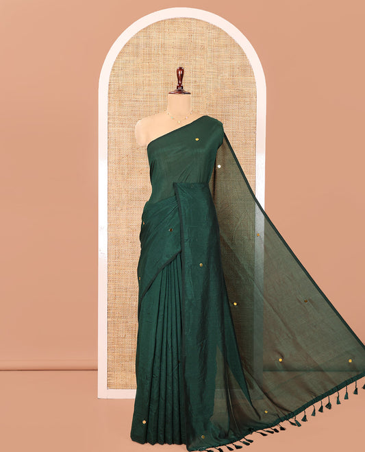 Borderless Bottle Green Vichitra Silk Saree, Gleamed Up with Sequin Work on Its Body, Highlighted by a Self-Pallu of Sequin Work, and Paired with a Matching Blouse