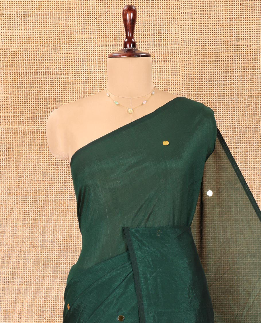 Borderless Bottle Green Vichitra Silk Saree, Gleamed Up with Sequin Work on Its Body, Highlighted by a Self-Pallu of Sequin Work, and Paired with a Matching Blouse