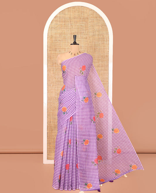 Borderless Violet Linen Cotton Saree, Adorned with Checked Design and Rose Motifs on Its Body, a Self-Pallu, and Paired with a Contrast Blouse