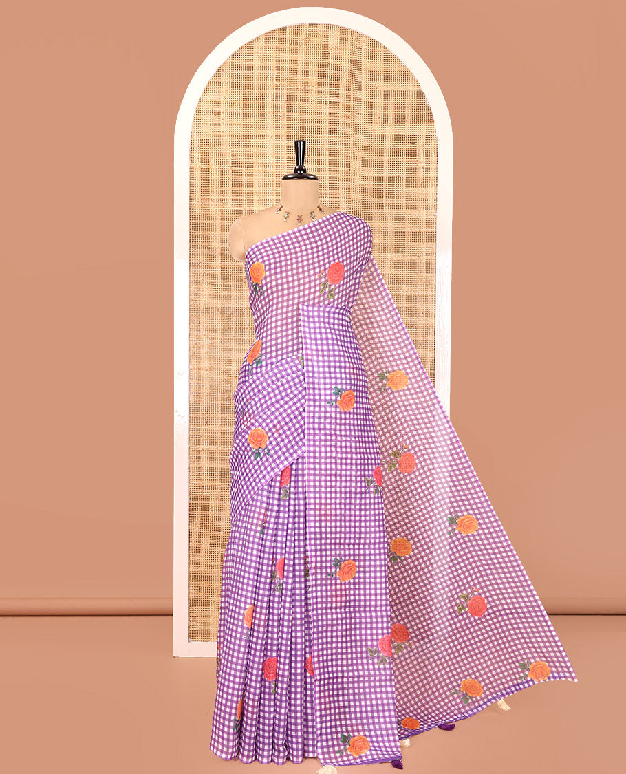Borderless Violet Linen Cotton Saree, Adorned with Checked Design and Rose Motifs on Its Body, a Self-Pallu, and Paired with a Contrast Blouse