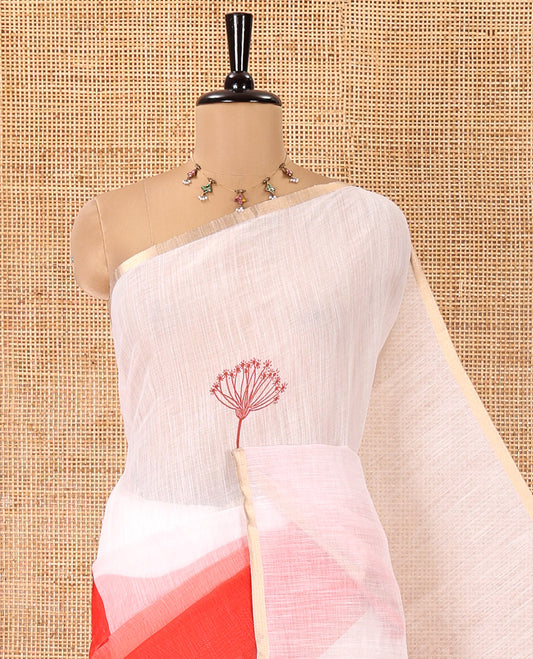 White-Red Linen Cotton Saree Features Floral Print, Ombre-Style Dual-Color, a Piping Border, and a Contrast Blouse