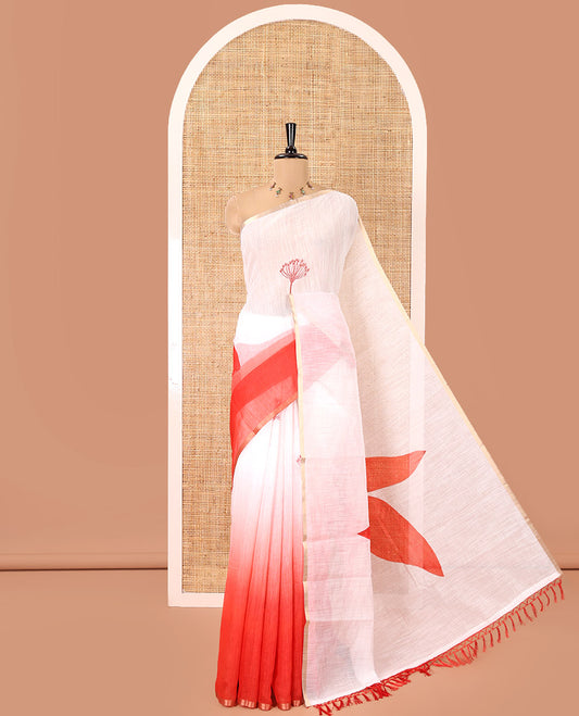 White-Red Linen Cotton Saree Features Floral Print, Ombre-Style Dual-Color, a Piping Border, and a Contrast Blouse