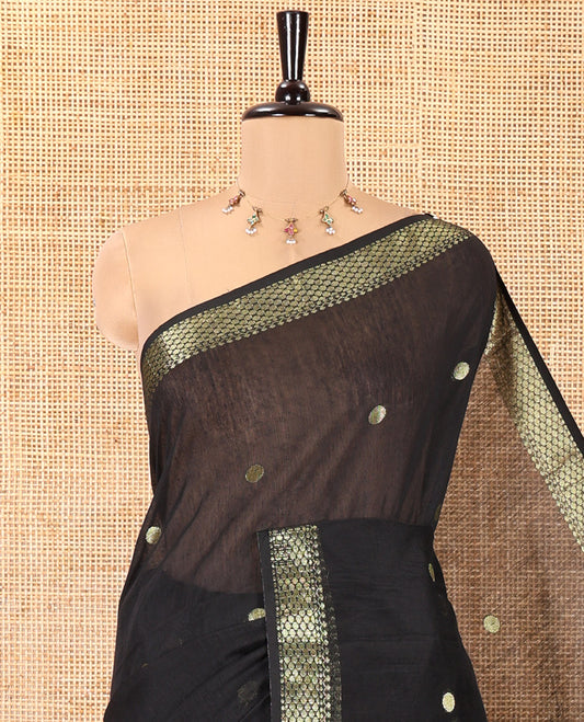 Black Maheshwari Cotton Saree,  Flower Buttas All Over Its Body, Highlighted by Zari Border, Pallu of Contrast Floral Buttas, and a Contrast Blouse