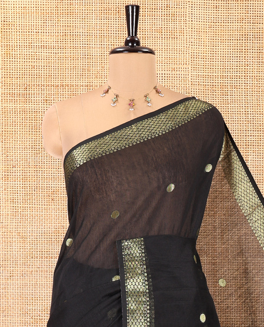 Black Maheshwari Cotton Saree,  Flower Buttas All Over Its Body, Highlighted by Zari Border, Pallu of Contrast Floral Buttas, and a Contrast Blouse