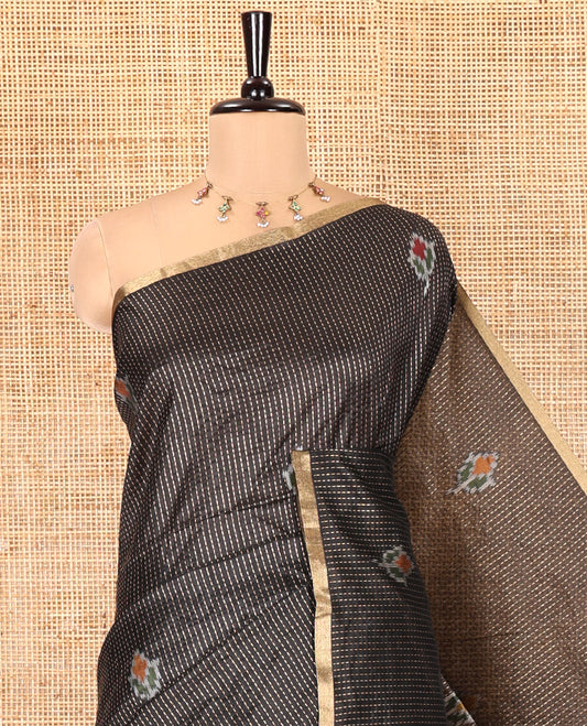 Black Art Tussar Saree, Bedecked with Dotted-Kantha-Style Stripes and Ikkat Buttas on Its Body, a Subtle Piping Border, Pallu of Ikkat Floral and Macaw Parrot Designs, and Paired with a Matching Blouse