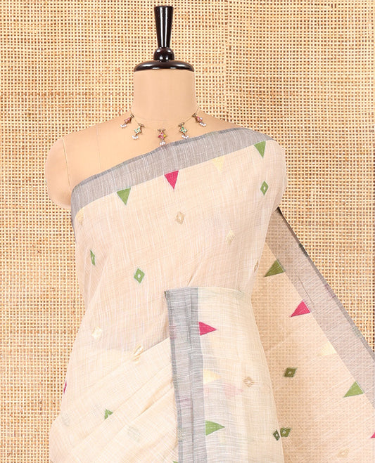 Off-White Jute Cotton Saree, Adorned with Diamond Meena Buttas, a Contrast Border, Jamdhani Floral Pallu, and a Contrast Blouse