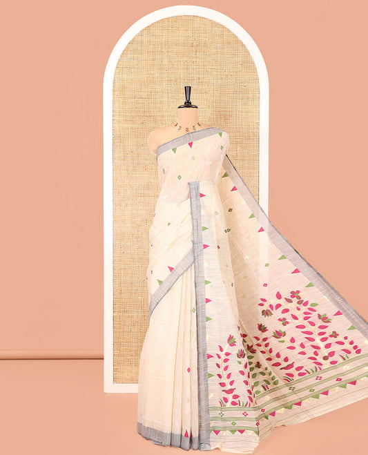Off-White Jute Cotton Saree, Adorned with Diamond Meena Buttas, a Contrast Border, Jamdhani Floral Pallu, and a Contrast Blouse
