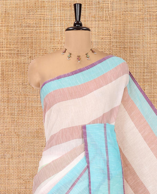 Off-White and Brown Chettinad Cotton Saree, Adorned with Stripes All Over Its Body, Complemented by a Contrast Border, Pallu of Stripes, and Has No Blouse