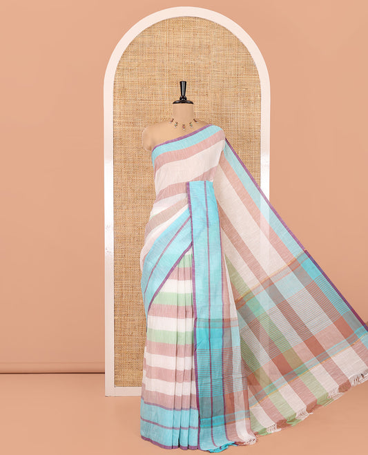 Off-White and Brown Chettinad Cotton Saree, Adorned with Stripes All Over Its Body, Complemented by a Contrast Border, Pallu of Stripes, and Has No Blouse