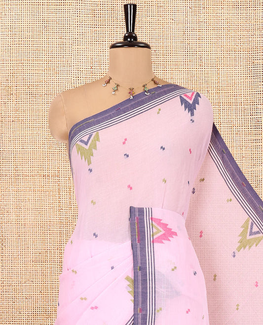 Pink Khadi Mul Cotton Saree, Subtly Adorned with Meena Buttas All Over Its Body, Complemented by a Contrast Temple Border, Pallu of Jhamdani-Style Floral-Bird Weaving, and Paired with a Matching Blouse