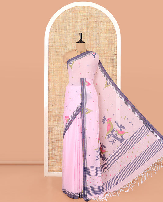 Pink Khadi Mul Cotton Saree, Subtly Adorned with Meena Buttas All Over Its Body, Complemented by a Contrast Temple Border, Pallu of Jhamdani-Style Floral-Bird Weaving, and Paired with a Matching Blouse