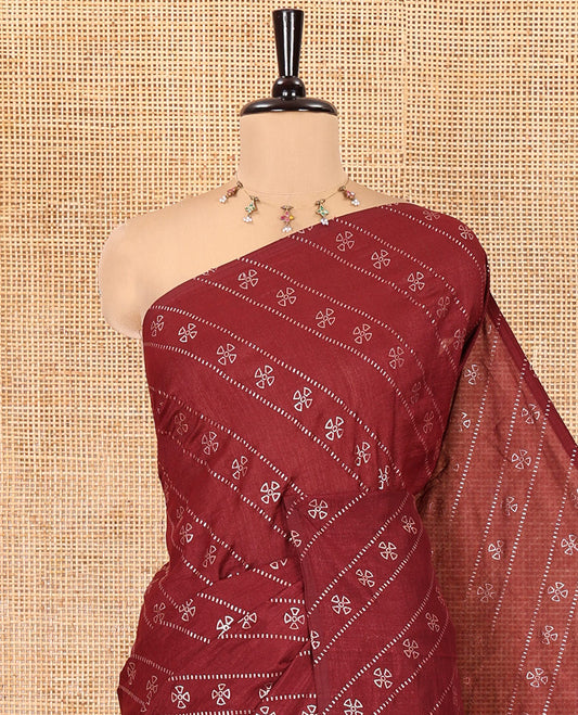Borderless Maroon Vichitra Silk Saree, Gleamed Up with Floral Buttas and Leheriya-Style Foil Print on Its Body, a Self-Pallu, and Has No Blouse