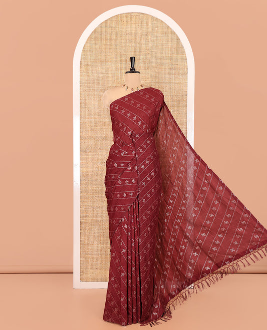 Borderless Maroon Vichitra Silk Saree, Gleamed Up with Floral Buttas and Leheriya-Style Foil Print on Its Body, a Self-Pallu, and Has No Blouse