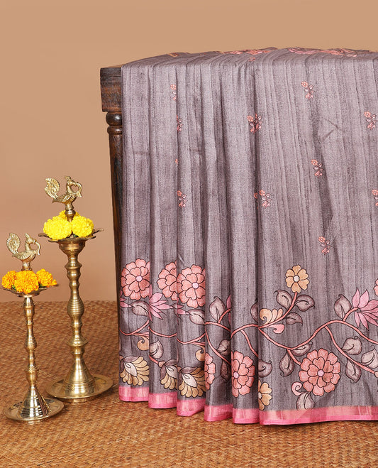 Grey floral digital printed semi tussar silk saree with kalamkari design border & kalamkari design pallu along with printed blouse